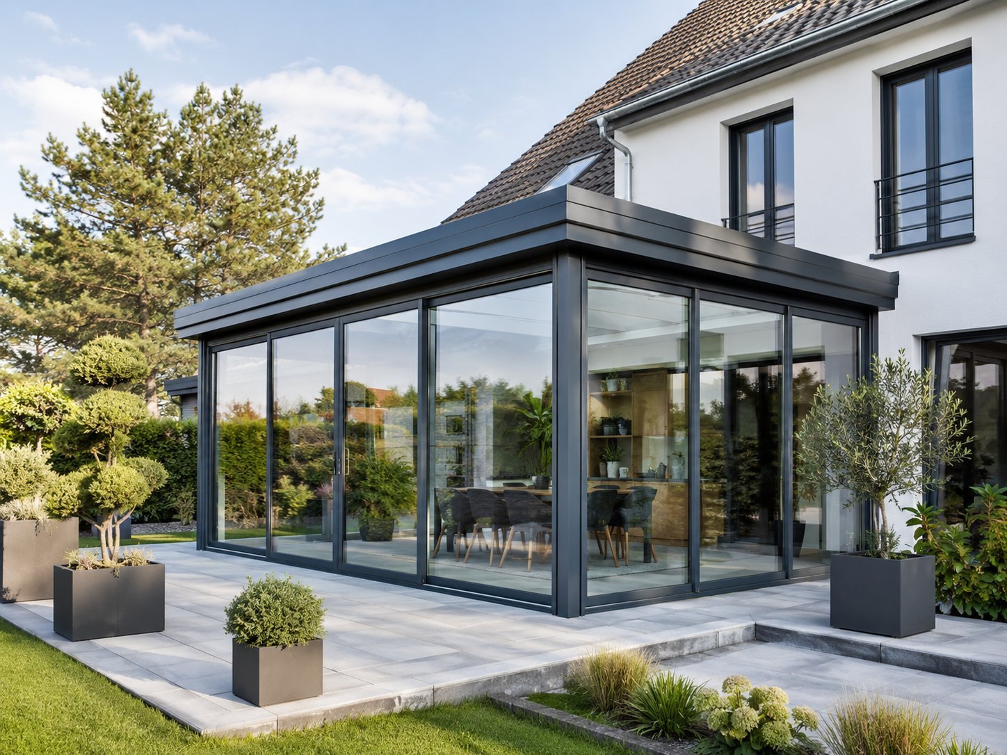 Moderner Aluminium-Wintergarten als Hausanbau